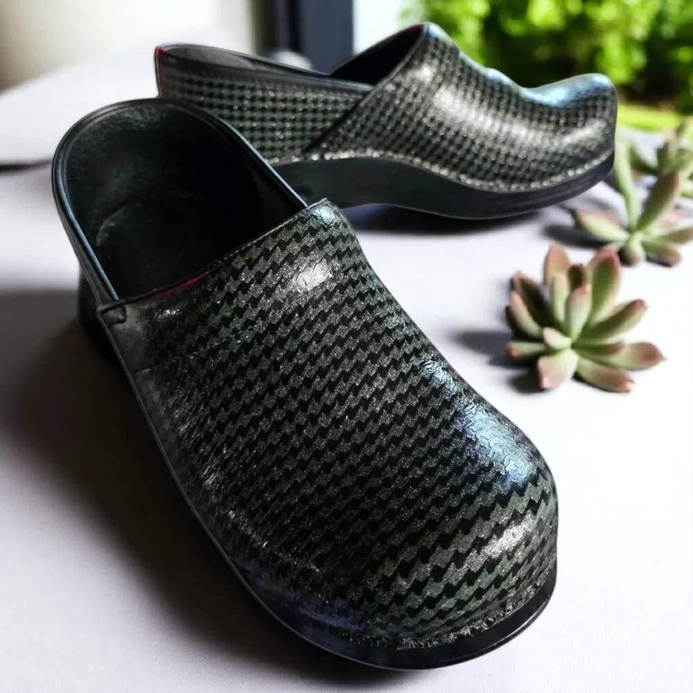 DANSKO ( 7.5) Classic Slip On Black, Green Glitter Professional All Day Clogs - Picture 3 of 10